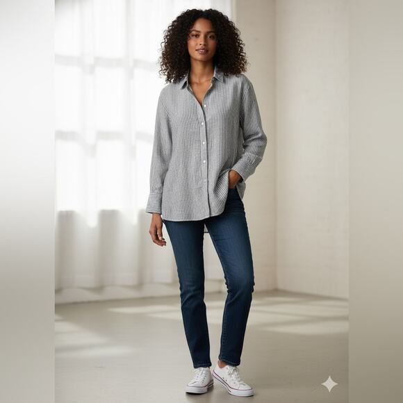 NORDSTROM Signature Linen Striped Blouson Long Blouse Sz S Gray White - Picture 1 of 10